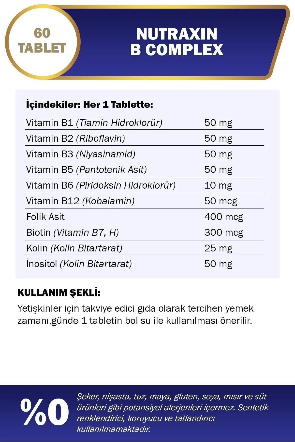 Nutraxin B Complex Vitamin 60 Tablet B1, B2, B3, B5, B6, B12