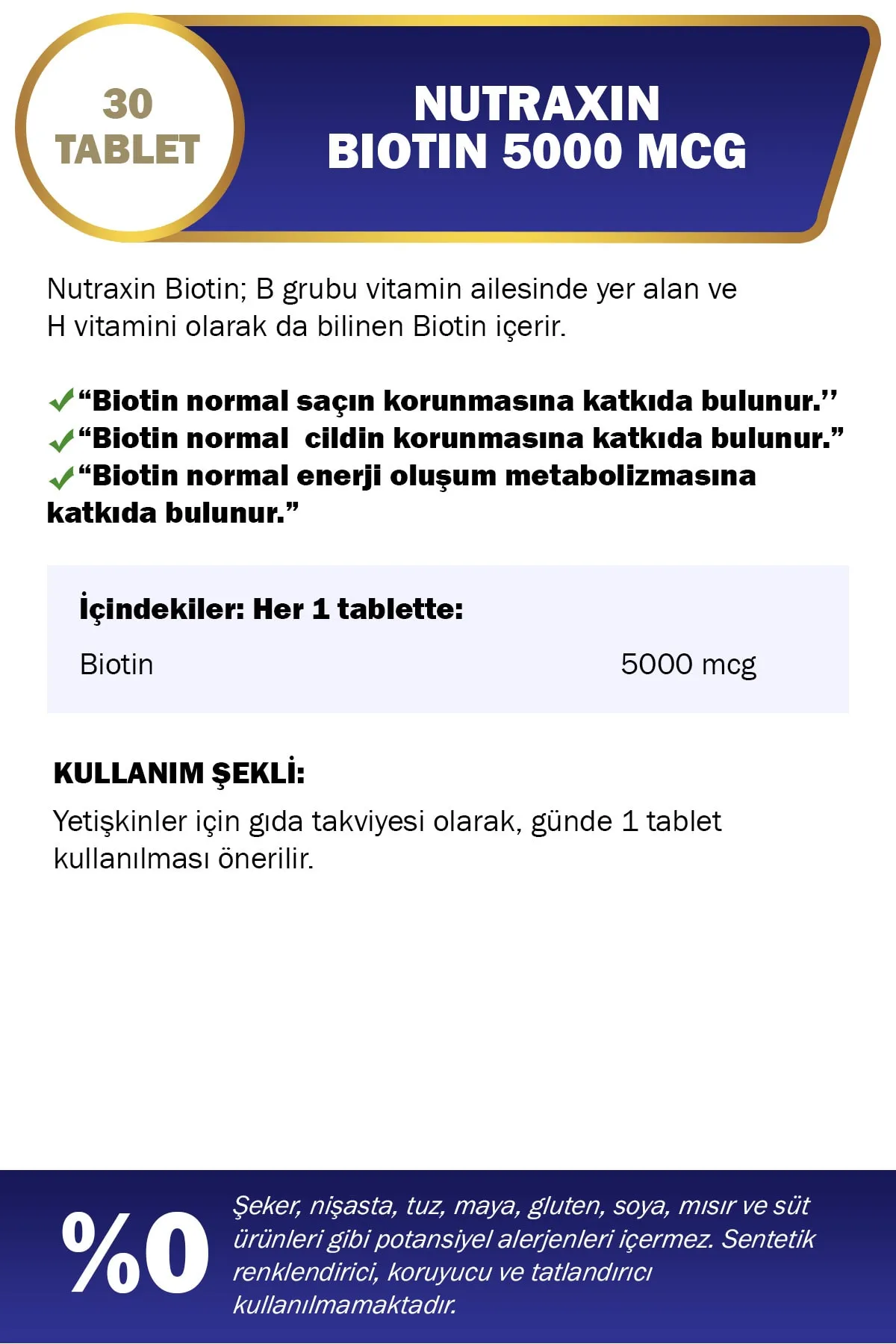 Nutraxin Biotin 5000 Mcg 30 Tablet Saç Vitamini